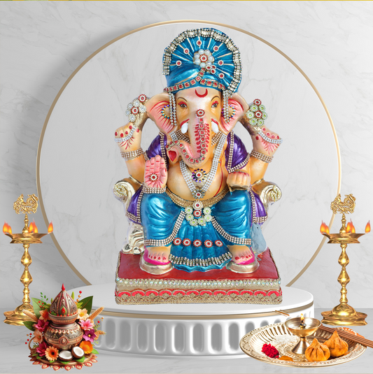 17 Inch – Majestic Blue Ganpati Idol | Eco-Friendly Shadu Mitti Ganesh Murti with Decorative Embellishments
