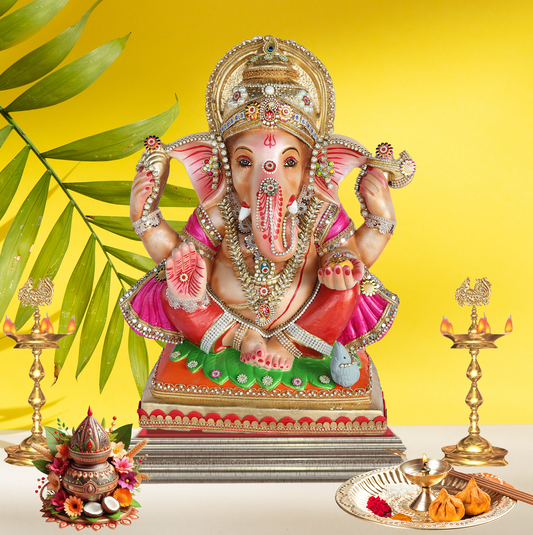19 Inch – Divine Seated Ganesha Idol in Red Attire – Shadu Mitti Clay Murti with Golden Crown & Pink Dupatta