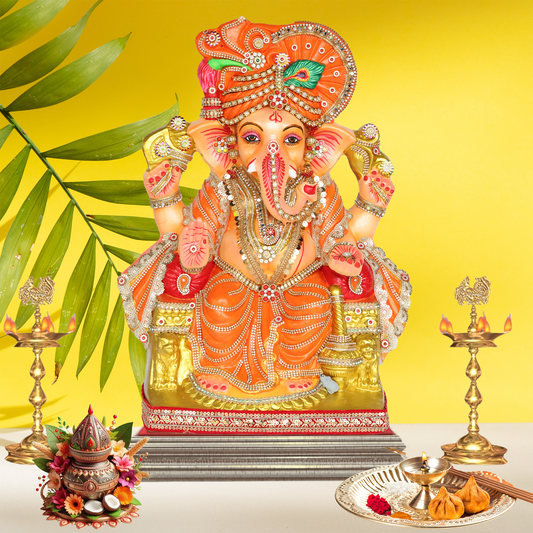 24 Inch – Majestic Orange Turban Ganesha Idol | Eco-Friendly Shadu Mitti Ganpati