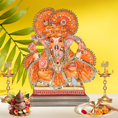 19 Inch – Regal Seated Ganesha Idol in Vibrant Orange Attire | Shadu Mitti Eco-Friendly Murti with Grand Turban & Blessing Pose