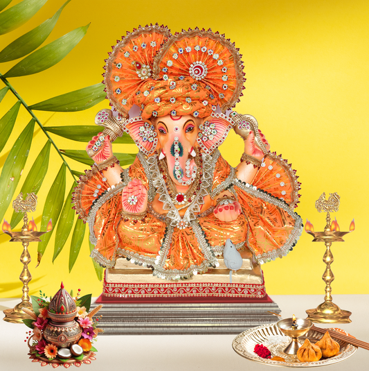 19 Inch – Regal Seated Ganesha Idol in Vibrant Orange Attire | Shadu Mitti Eco-Friendly Murti with Grand Turban & Blessing Pose