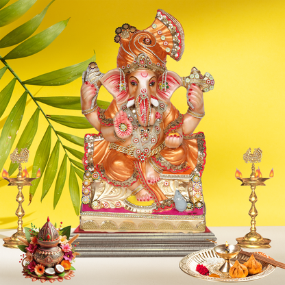 23 Inch –  Copper Orange Ganesha Idol | Eco-Friendly Shadu Murti with Designer Crown & Rectangular Base