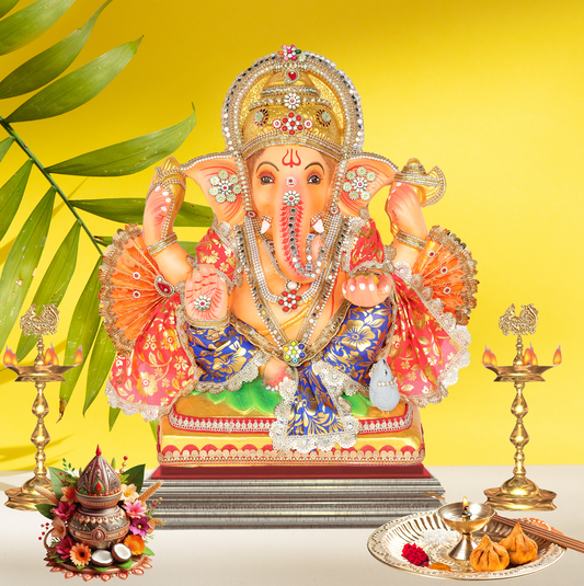 19 Inch – Vibrant Maharaja Ganesha Idol | Eco-Friendly Shadu Mitti Ganpati with Modak & Kalash | Blue & Orange Attire