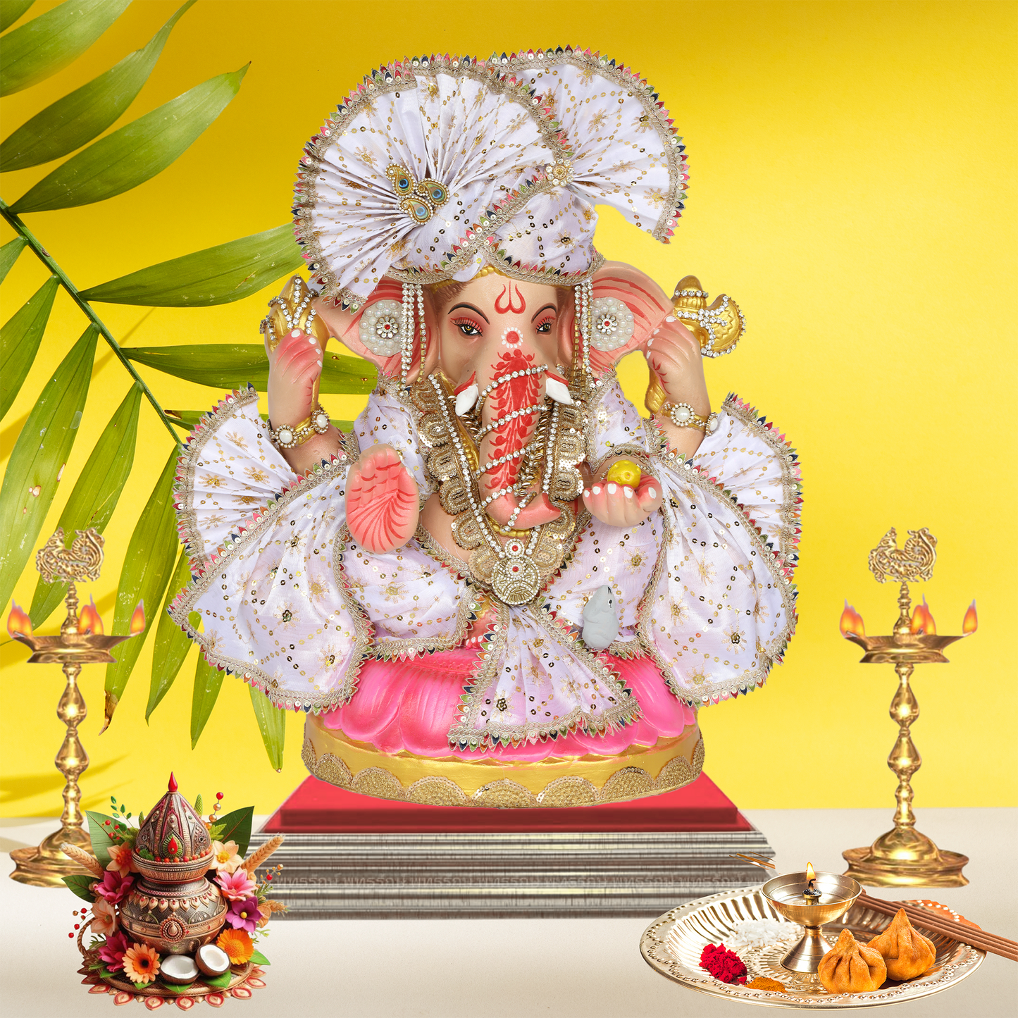 23 Inch – Royal Seated Ganesha Idol in White Attire | Eco-Friendly Shadu Mitti Murti with Designer Pagdi & Beadwork