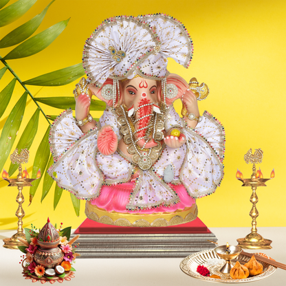 23 Inch – Royal Seated Ganesha Idol in White Attire | Eco-Friendly Shadu Mitti Murti with Designer Pagdi & Beadwork