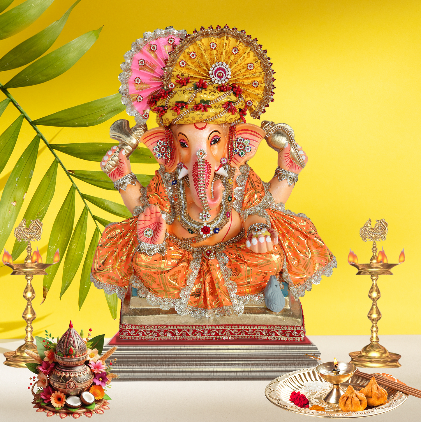 19 Inch – Royal Ganesha Idol in Traditional Orange Dress | Shadu Mitti Murti with Decorative Turban & Back Halo