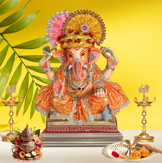 19 Inch – Royal Ganesha Idol in Traditional Orange Dress | Shadu Mitti Murti with Decorative Turban & Back Halo