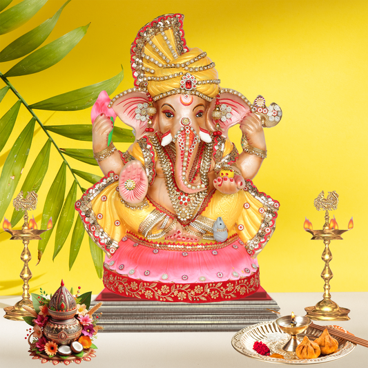 23 Inch – Majestic Seated Ganesha Idol in Yellow Attire | Shadu Mitti Eco-Friendly Murti with Fan-Style Pagdi & Red-Gold Detailing