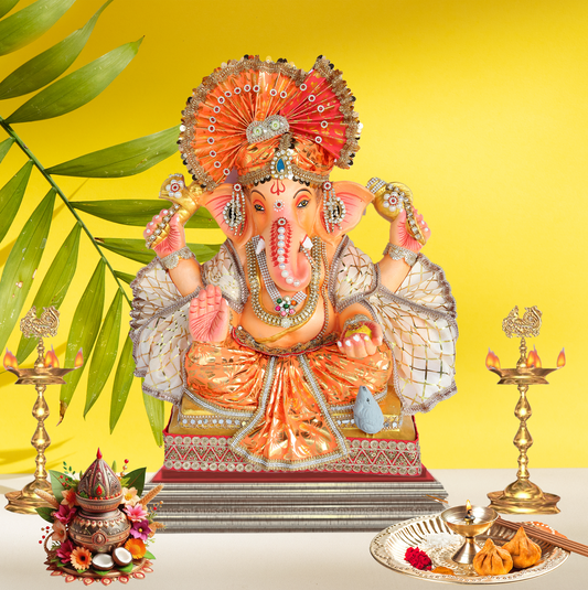 19 Inch – Grand Seated Ganesha Idol in Orange Foil Attire – Shadu Mitti Clay Murti with Designer Fan Mukut & Stone Work