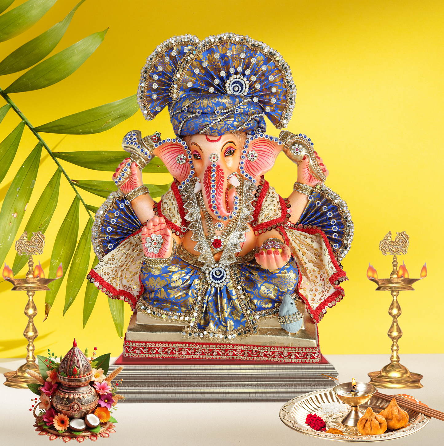 19 Inch – Royal Seated Ganesha Idol in Blue Brocade Attire – Shadu Mitti Clay Murti with Designer Pagdi & Kundan Work