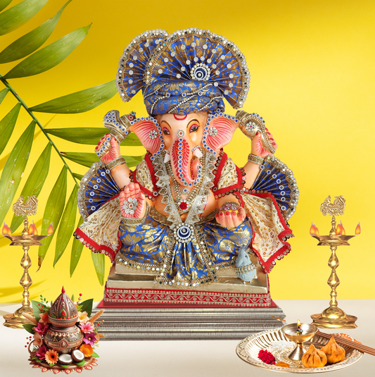 19 Inch – Royal Seated Ganesha Idol in Blue Brocade Attire – Shadu Mitti Clay Murti with Designer Pagdi & Kundan Work