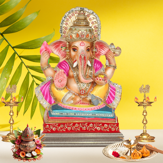 23 Inch – Elegant Seated Ganesha Idol in Yellow-Pink Attire | Shadu Mitti Eco-Friendly Murti with Stone-Studded Golden Crown & Lotus in Hand