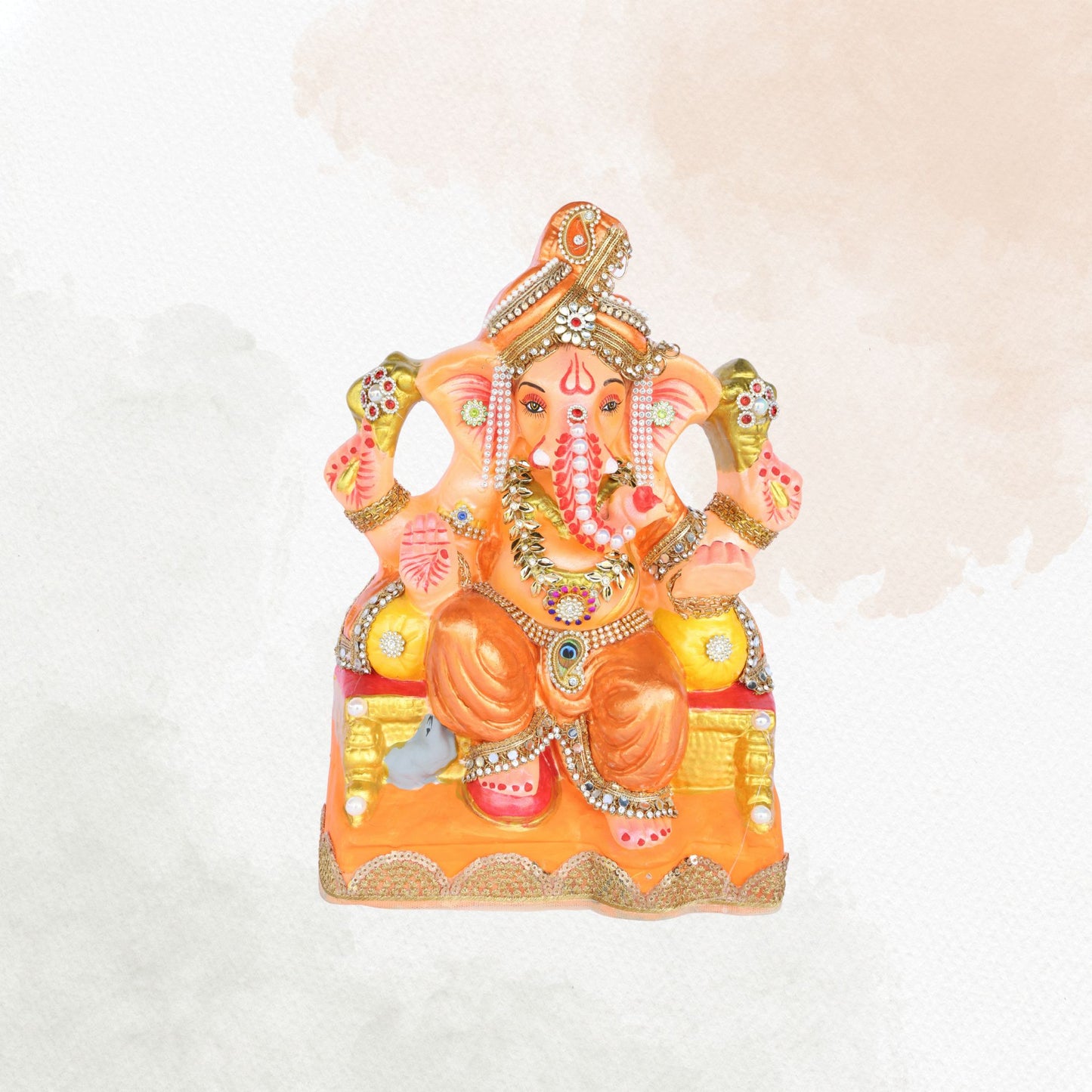 13 Inch – Traditional Orange Ganesha Idol | Decorated with Stones & Crown | Eco-Friendly Clay Murti
