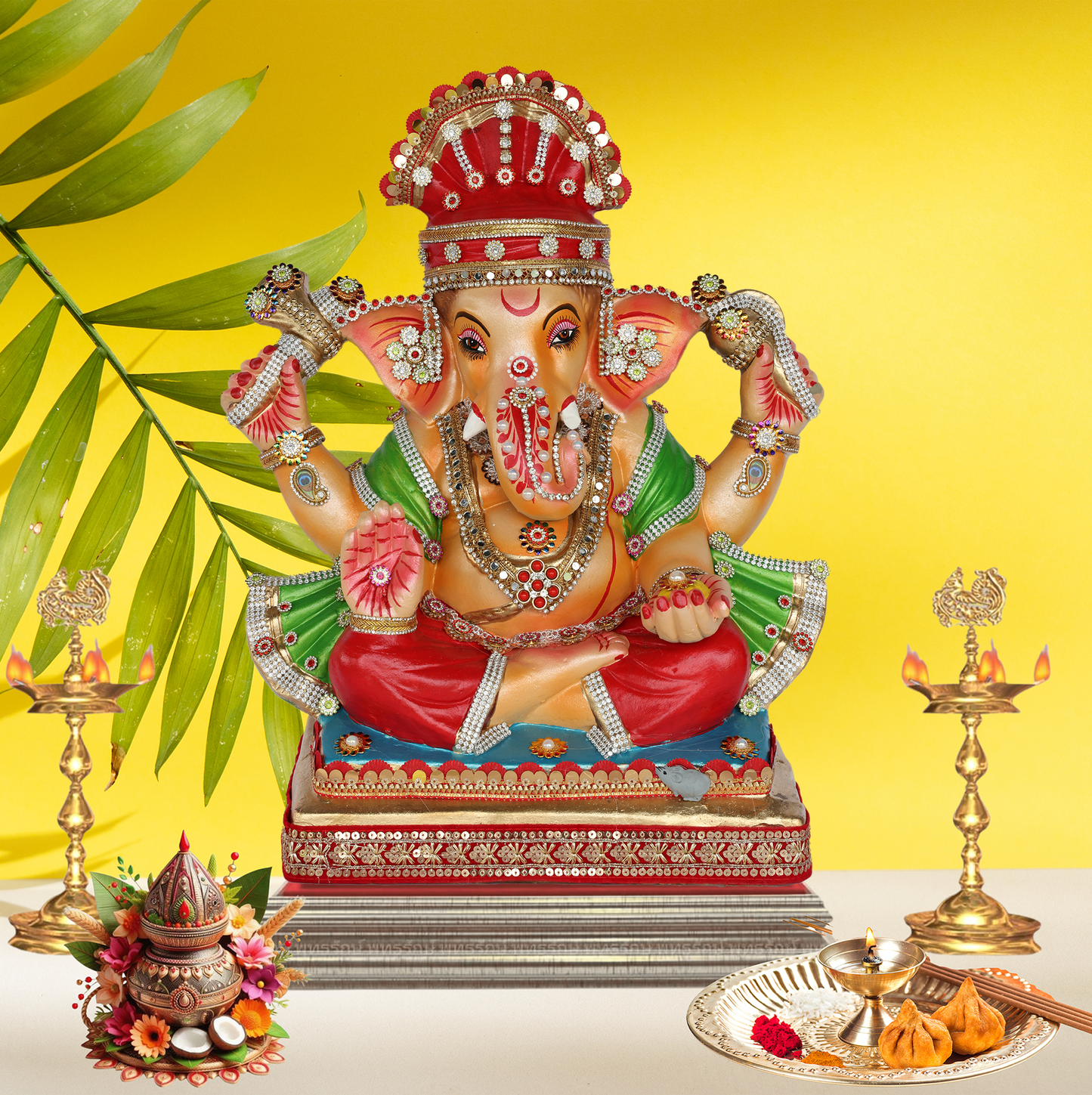 19 Inch – Classic Red & Green Ganpati Idol | Eco-Friendly Shadu Mitti Ganesha Murti & Kalash (Copy)
