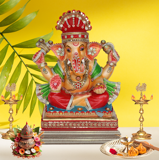19 Inch – Classic Red & Green Ganpati Idol | Eco-Friendly Shadu Mitti Ganesha Murti & Kalash (Copy)