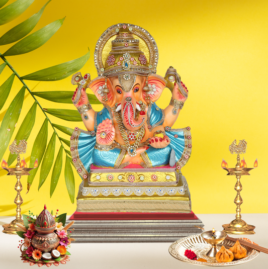25 Inch – Radiant Ganesha Idol in Blue-Gold Attire | Eco-Friendly Shadu Mitti Murti with Ornate Crown & Modak Pose