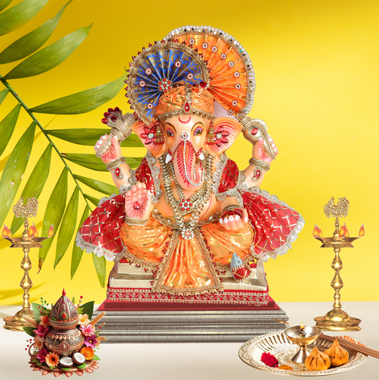 19 Inch – Grand Red & Orange Ganesha Idol with Designer Fan Crown | Shadu Mitti Eco-Friendly Murti with Modak
