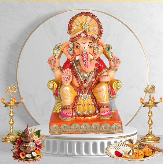 17 Inch – Royal Seated Ganesha Idol in Orange-Yellow Attire | Shadu Mitti Clay Murti with Fan Crown & Kundan Embellishments