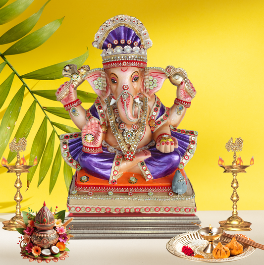19 Inch – Divine Seated Ganesha Idol in Purple Attire – Shadu Mitti Clay Murti with Stone-Studded Crown & Orange Base
