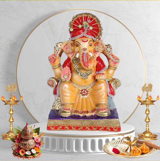 17 Inch – Divine Seated Ganesha Idol in Yellow Dhoti | Eco-Friendly Shadu Mitti Murti with Red Pagdi & Kundan Stone Work