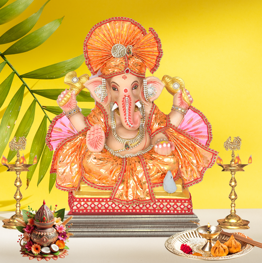 19 Inch – Radiant Orange Ganpati Idol | Eco-Friendly Ganesha Murti in Royal Attire