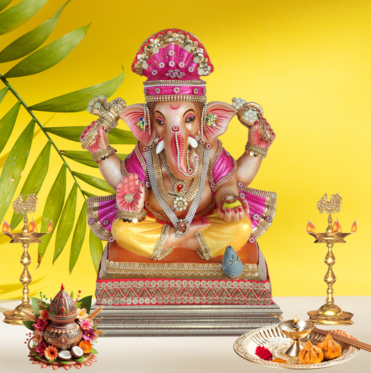 19 Inch – Majestic Seated Ganesha Idol in Yellow-Purple Attire | Shadu Mitti Eco Clay Murti with Crown & Modak Pose