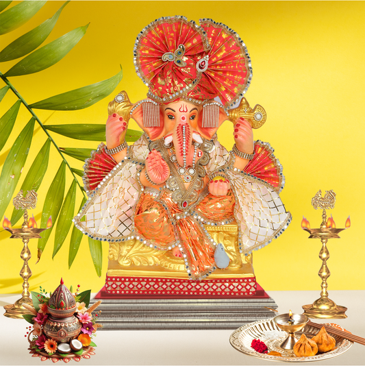 23 Inch – Designer Ganesha Idol in Orange-Cream Attire | Shadu Mitti Murti with Fan Pagdi