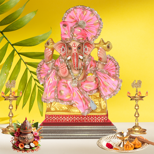23 Inch – Regal Seated Ganesha Idol in Pink & Gold Attire | Shadu Mitti Clay Murti with Fan-Style Pagdi & Designer Pearl Work