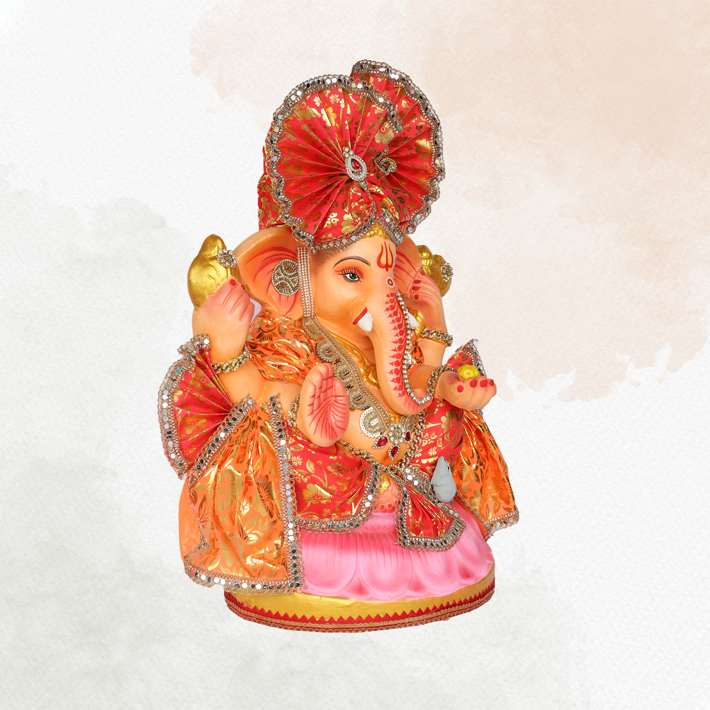 23 Inch – Traditional Orange Ganesha Idol | Shadu Mitti Eco-Friendly Murti with Red Pagdi & Pink Lotus Base