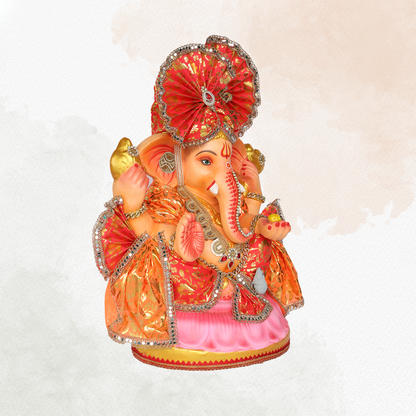 23 Inch – Traditional Orange Ganesha Idol | Shadu Mitti Eco-Friendly Murti with Red Pagdi & Pink Lotus Base