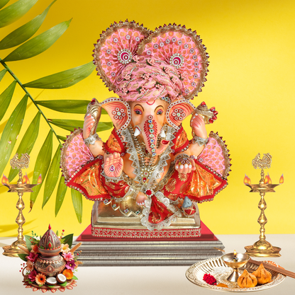 19 Inch – Designer Pink & Red Ganesha Idol | Eco-Friendly Shadu Mitti Murti with Modak and Crown Fan
