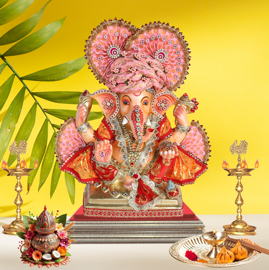 19 Inch – Designer Pink & Red Ganesha Idol | Eco-Friendly Shadu Mitti Murti with Modak and Crown Fan