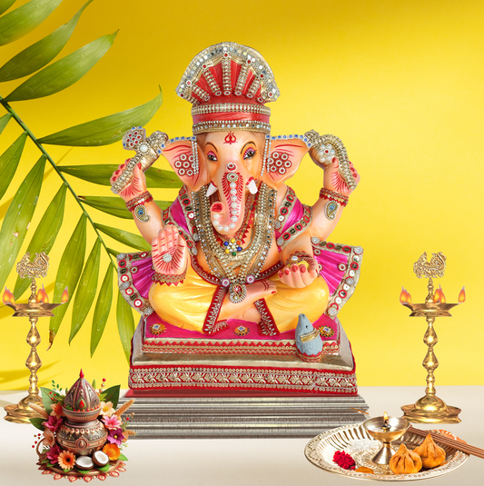 19 Inch – Elegant Seated Ganesha Idol in Yellow Attire –  Shadu Mitti Clay Murti with Red Pagdi & Pearl Stone Work