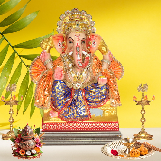 23 Inch – Traditional Seated Ganesha Idol in Royal Blue & Orange Attire | Shadu Mitti Clay Murti with Gold Crown & Bead Work