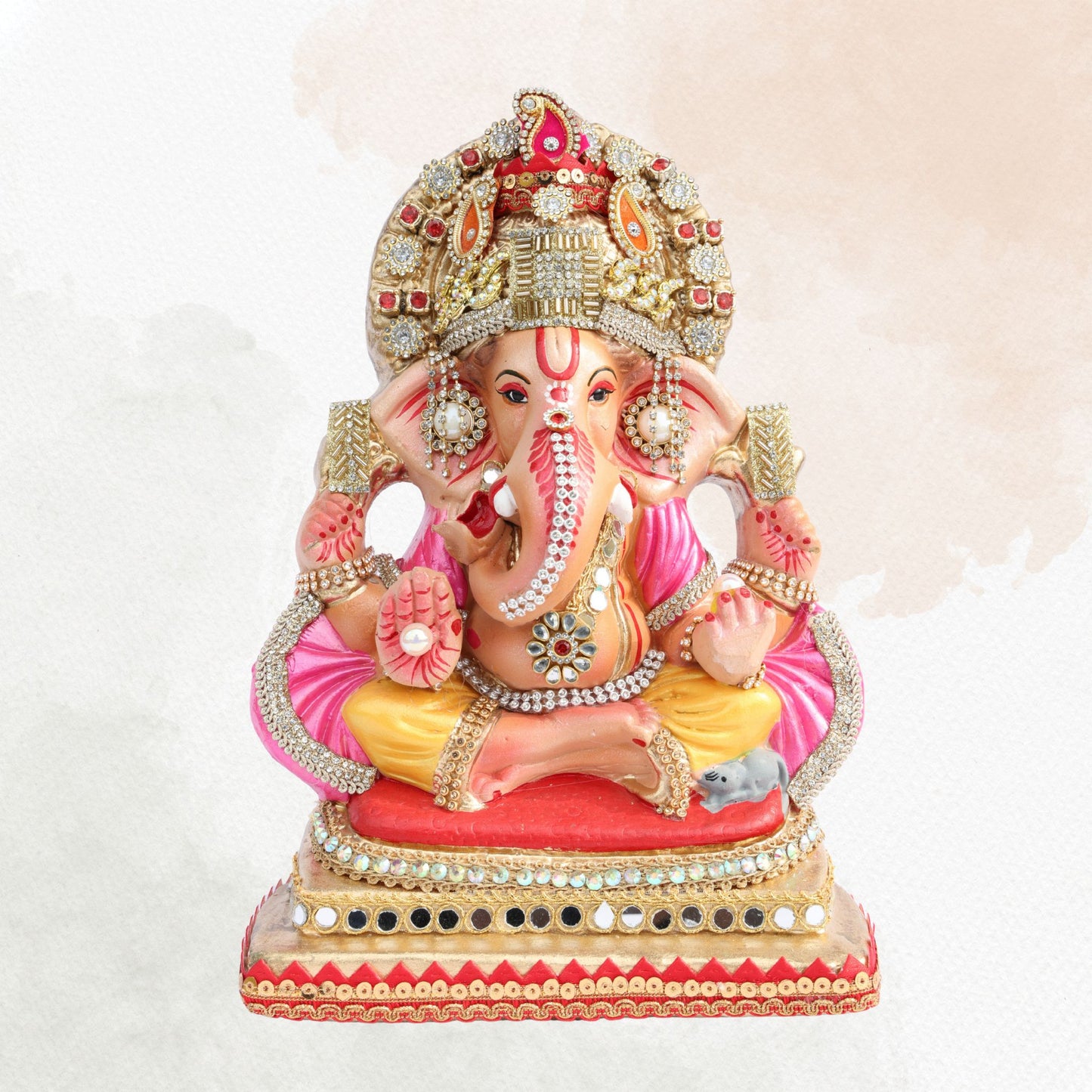 11 Inch – Elegant Seated Ganesha Idol in Pink-Yellow Attire | Shadu Mitti Eco-Friendly Murti with Heavy Golden Crown & Pearl Detailing