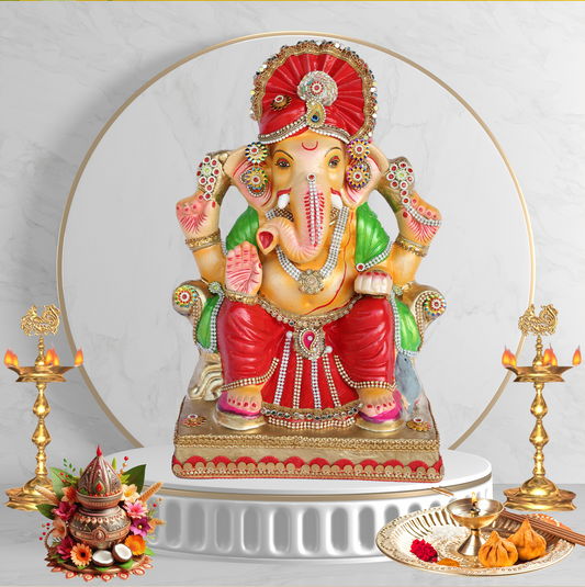 17 Inch – Royal Seated Ganesha Idol in Red Dhoti | Eco-Friendly Shadu Mitti Murti with Elegant Red Pagdi & Crystal Jewelry