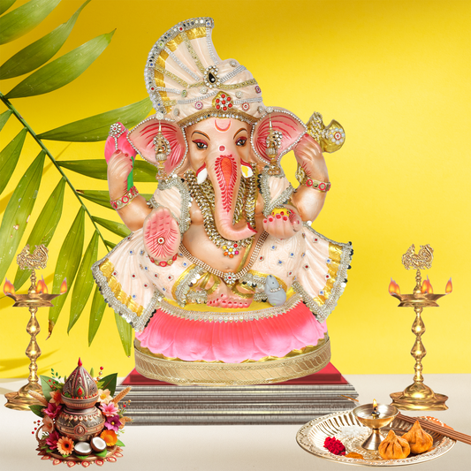 23 Inch – Elegant Seated Ganesha Idol in Cream & Pink Attire | Shadu Mitti Eco-Friendly Murti with Fan-Style Crown & Stone Embellishments