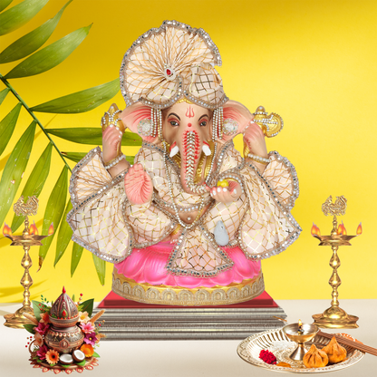 23 Inch – Elegant Seated Ganesha Idol in Cream Gold Attire | Shadu Mitti Clay Murti with Designer Fan-Style Pagdi & Pearl Stone Embellishments