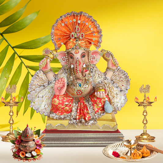 19 Inch – Majestic Seated Ganesha Idol in Red & White Attire – Shadu Mitti Clay Murti with Designer Orange Mukut & Fan Crown