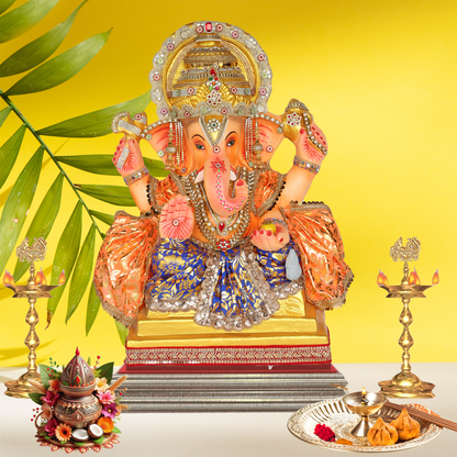 24 Inch – Royal Ganesha Idol in Blue-Gold Floral Attire | Shadu Mitti Murti with Ornate Golden Crown & Eco-Friendly Finish