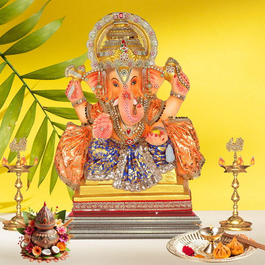 24 Inch – Royal Ganesha Idol in Blue-Gold Floral Attire | Shadu Mitti Murti with Ornate Golden Crown & Eco-Friendly Finish