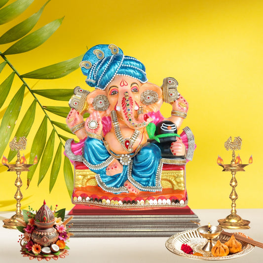 14 Inch – Shiv Putra Ganesha Idol with Blue Pagdi | Shadu Mitti Eco-Friendly Murti with Shivling