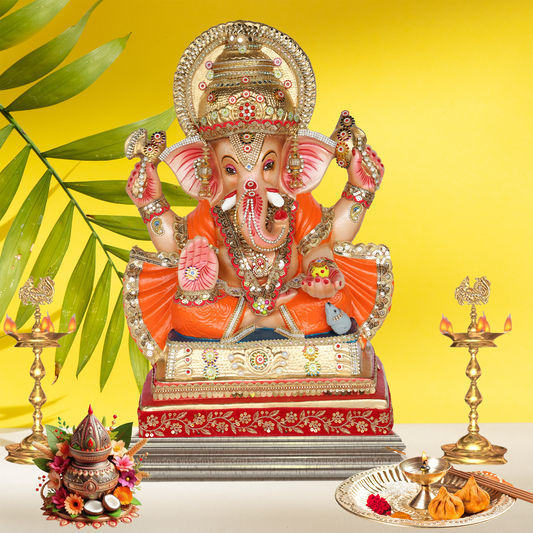 24 Inch – Traditional Ganesha Idol in Orange Attire | Shadu Mitti Murti with Red-Golden Platform & Eco-Friendly Finish