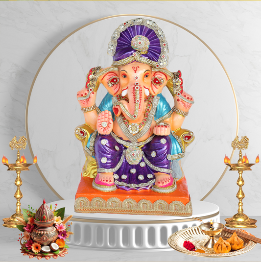 17 Inch – Royal Purple Ganpati Idol with Sky Blue Shawl & Crown | Eco-Friendly Shadu Mitti Ganesh Murti with Decorative Embellishments