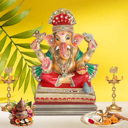 19 Inch – Traditional Seated Ganesha Idol in Red & Green Attire – Shadu Mitti Clay Murti with Red Crown & Stone Embellishments