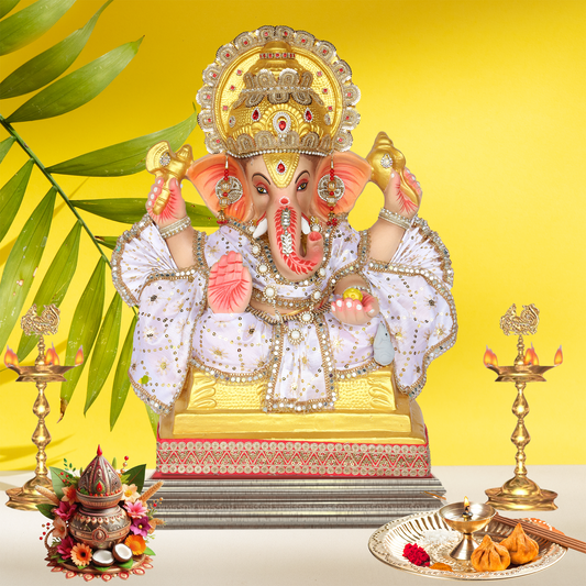 24 Inch – Majestic Ganesha Idol in White and Gold Attire – Graceful Blessing Pose