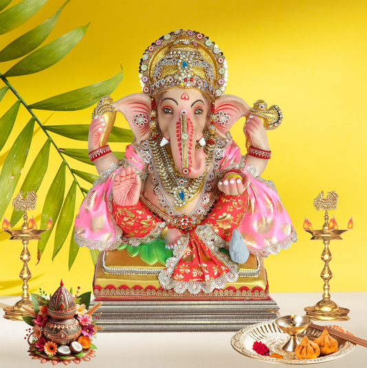 19 Inch – Eco-Friendly Ganesha Idol in Royal Red & Pink Robes | Shadu Mitti Murti with Modak & Crown Design