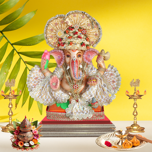 19 Inch – Royal White Attire Ganesha Idol with Floral Crown | Shadu Mitti Eco-Friendly Murti Holding Lotus & Laddoo