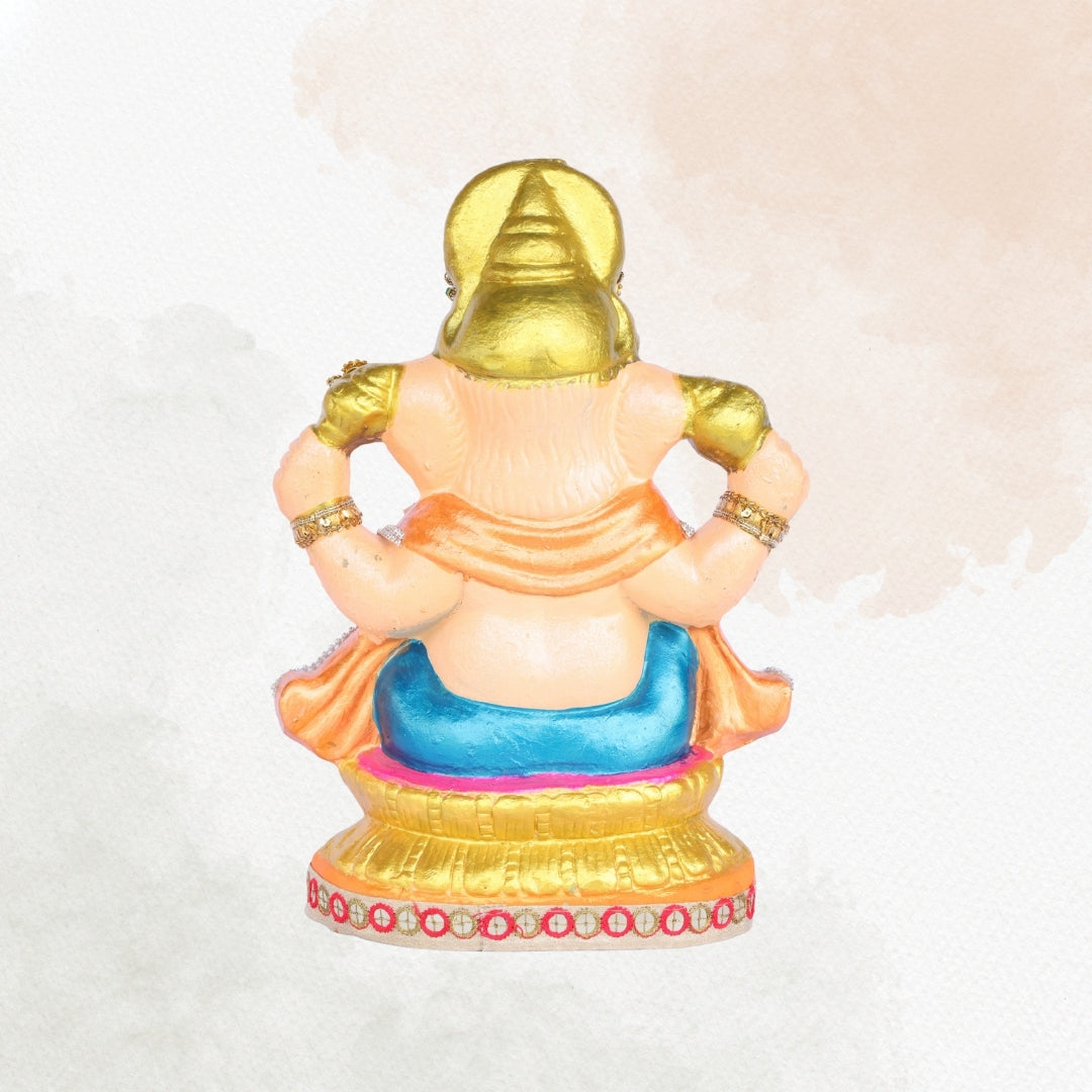 13 Inch – Warm Orange and Blue Attire Ganesha Idol | Decorated with Beads & Stones | Traditional Finish | Eco-Friendly Clay