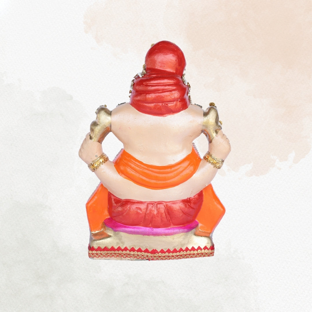 13 Inch – Regal Red Ganesha Idol | Embellished Crown & Jewelry | Eco-Friendly Shadu Mitti Murti